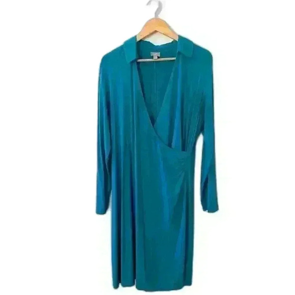 J Jill Wearever Blue Knit Dress Large Faux Wrap Surplice Jersey Knit - Picture 1 of 10
